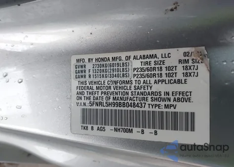 2011 Honda Odyssey Touring/Touring Elite z USA, uszkodzony, nr VIN 5FNRL5H99BB048437